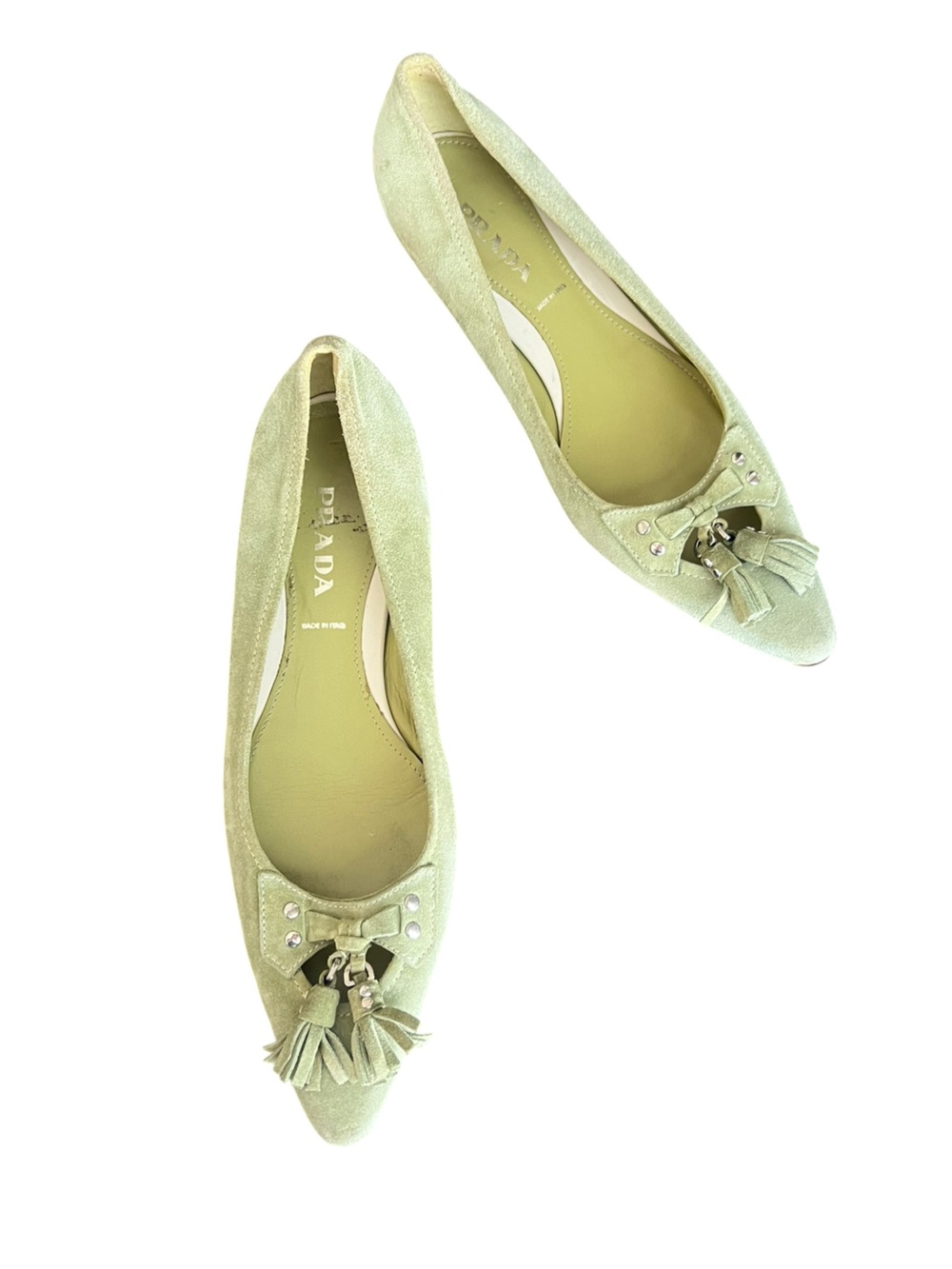 Prada Women’s Vintage Y2K Green Suede Fringe Tassel Point Toe Flats Shoes 39.5